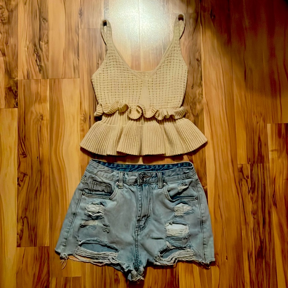Blue, jean, ripped, shorts - knitted, ruffled, tank top